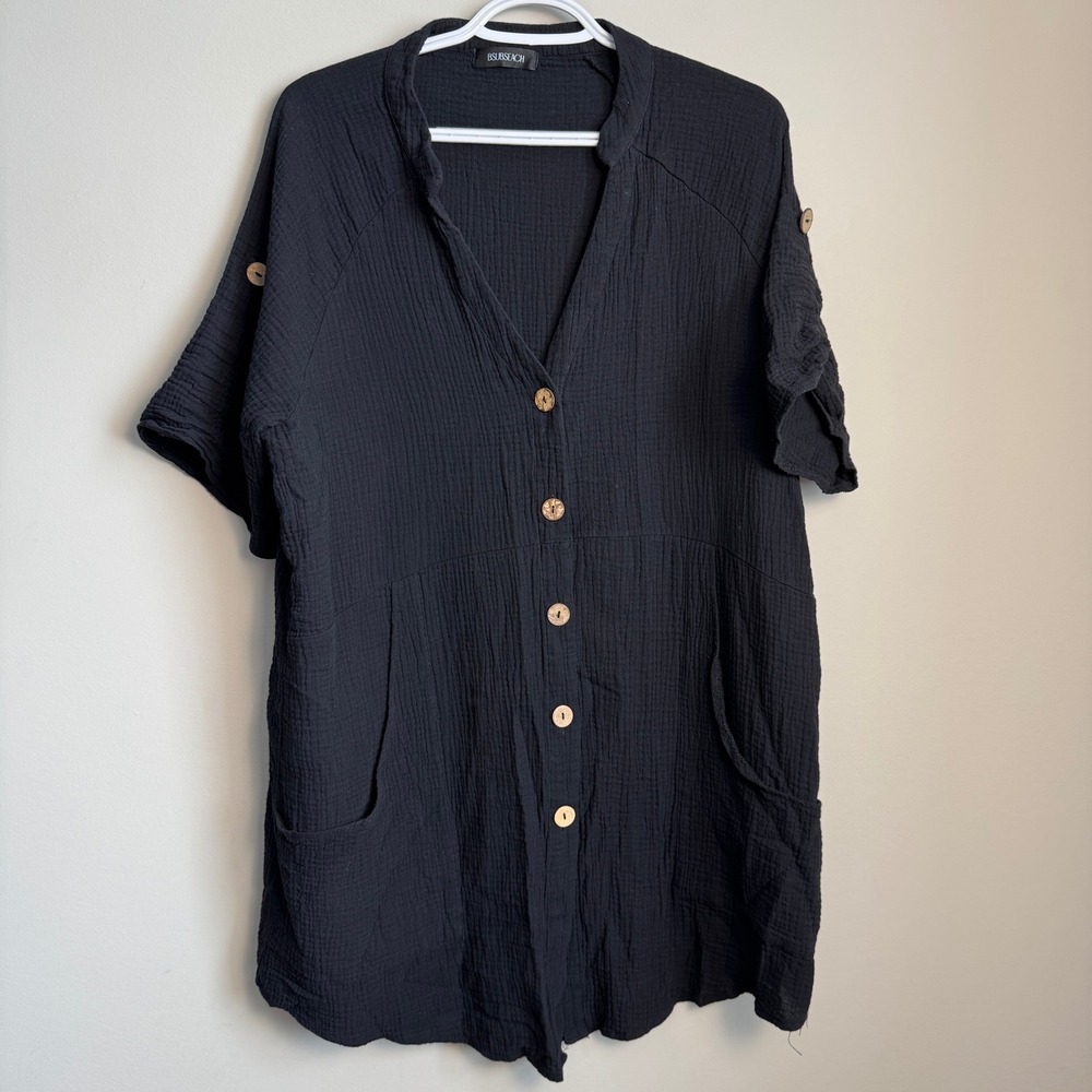BSUBSEACH Black Seersucker Button Front Pocketed Swim Cover Up Tunic XL Beach